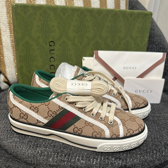 Gucci Tan and Green Canvas Sneakers - Picture 1 of 8